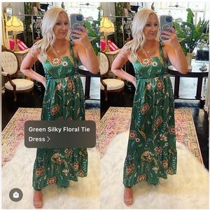 NWT THML Green Silky Floral Tie Dress